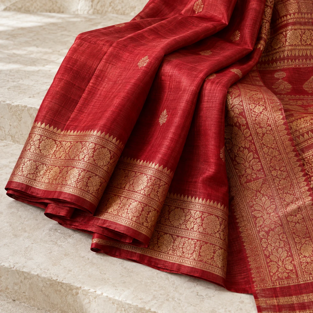 Deep red silk saree with an intricate golden border